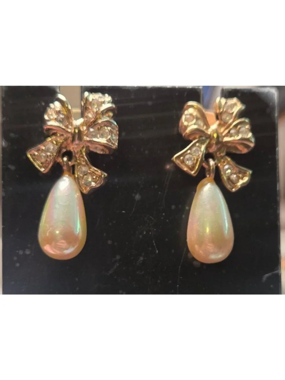 Gold Tone Bow Drop Earrings With Faux Pearls & Rhinestone Accents